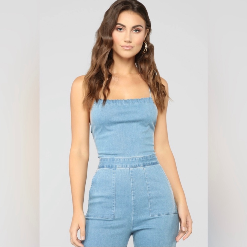 Fashion nova cute backstory denim jumpsuit - Picture 2 of 6